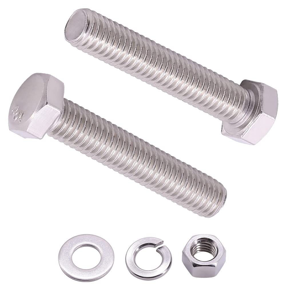 (6 Sets) 3/8"-16 x 4-1/2" Hex Bolt with Hex Nut, Flat Washers (SAE) and Lock Washers Hardware Assortement, Full Thread, Coarse Thread, 304 Stainless Steel 18-8