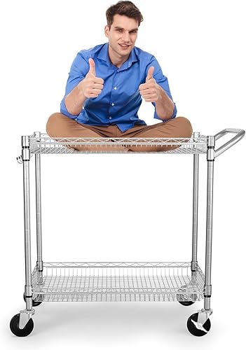 Miniatura 7 de Carrito utilitario resistente de 2 niveles, carritos rodantes NSF con ruedas, carrito de almacenamiento de capacidad de 660 libras con asa, carrito