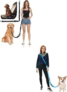 Hands Free Dog Leash, 2-in-1 Multifunctional Crossbody Dog Leash, Waist Belt with a Detachable Car Seatbelt and Double-Sided Reflective,Walking, Hiking, Travel etc.