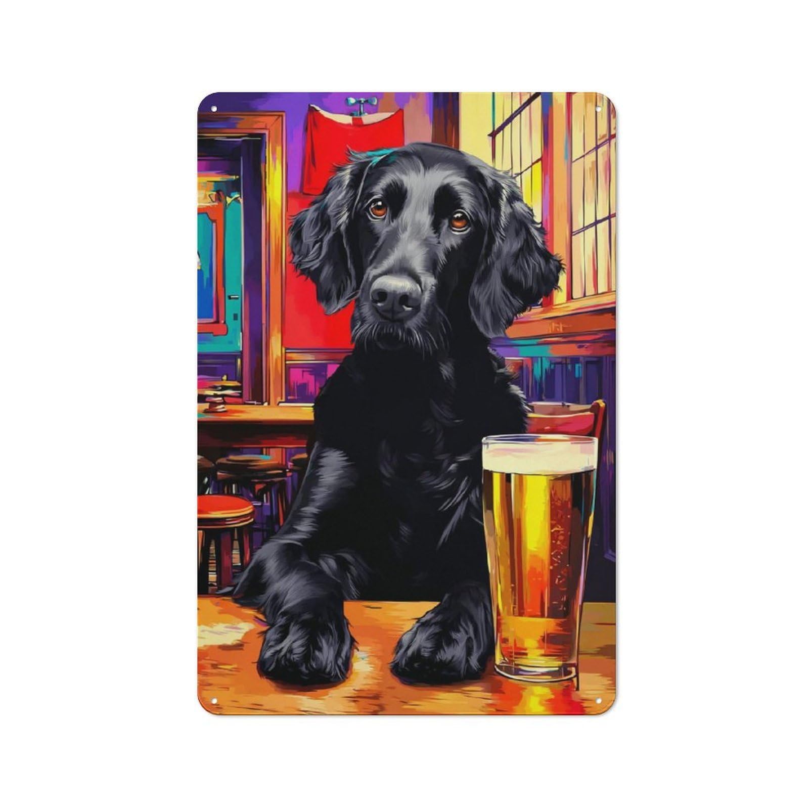 Shop Front Style Dog in Pub with Beer -7 Decorative Metal Plaque 30x20cm, Shop Wall Decor for Cafe, Bistro, Bakery Or Restaurant