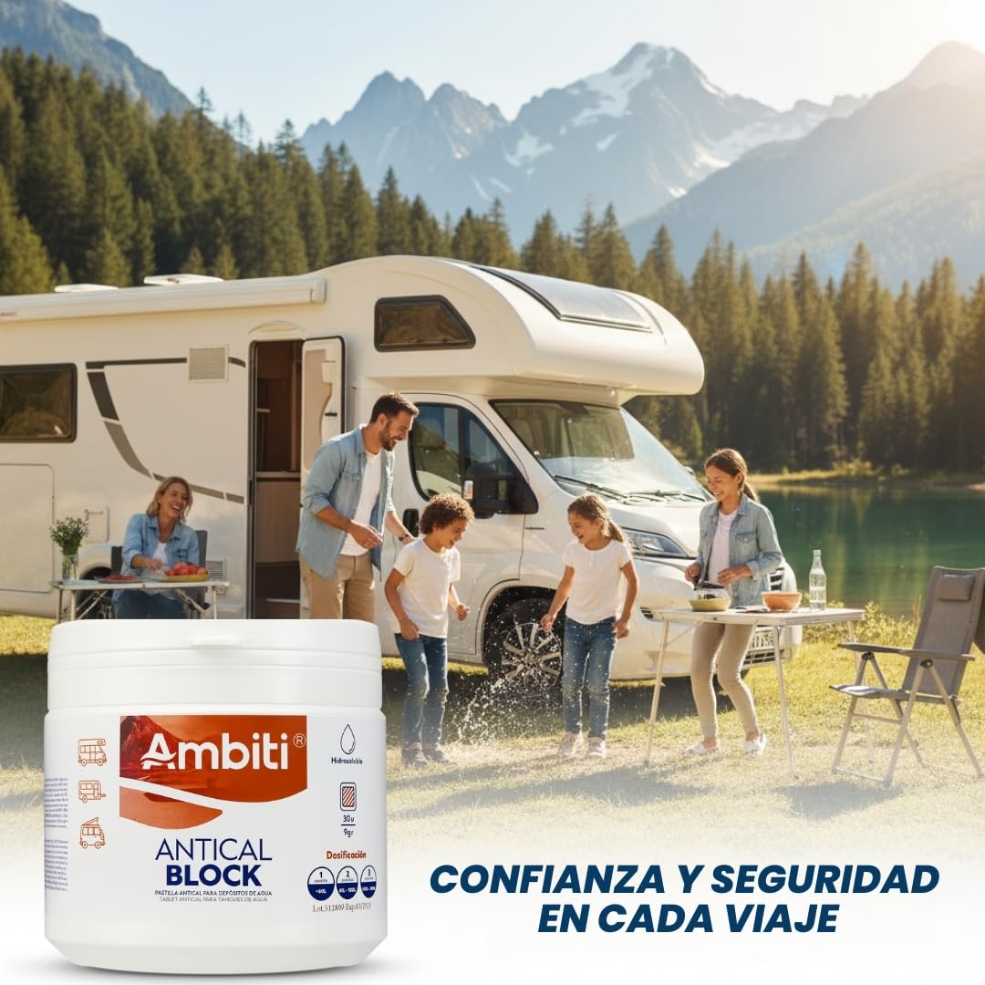 Ambiti | Antical Block | Tabletas para Eliminar y Prevenir la Cal en Depósitos de Agua Limpia, Grises | Ideal para Cisternas, Caravanas y WC |Mejora la Calidad del Agua |30 Pastillas de 9 gr
