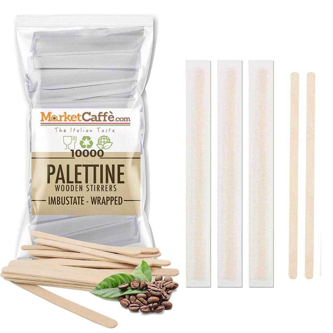 10.000 Palette caffè monouso confezionate singolarmente, palettine in legno biodegradabili, compostabili e resistenti al calore, per Girare Zucchero Bevande e Caffe nei Bicchierini (10.000 IMBUSTATE)