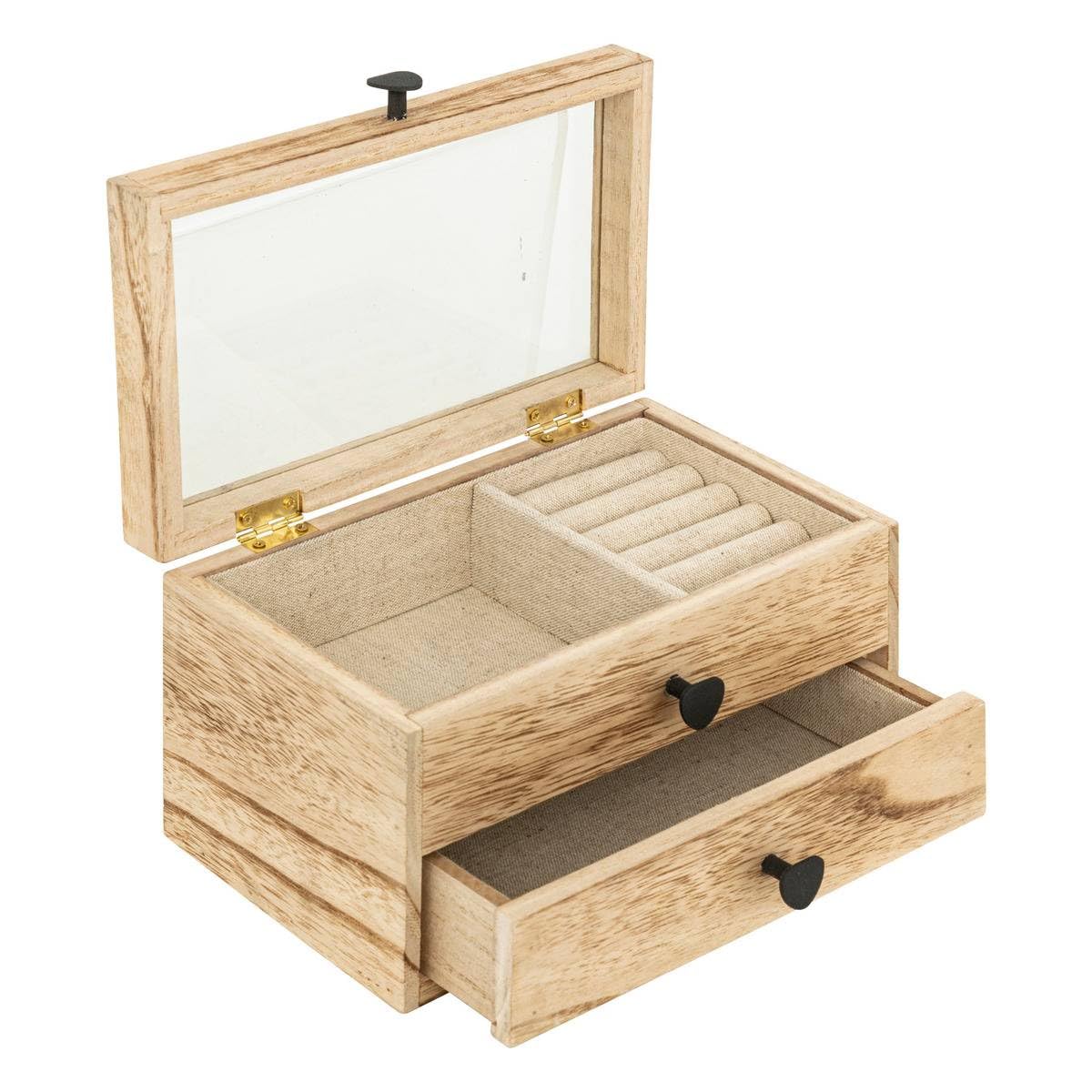 Atmosphera - Boîte à Bijoux Inuit Dreams Effet Bois, 20x12x13 cm, Couvercle Vitré, 1 Tiroir - Coffret de Rangement pour Bagues, Colliers, Montres
