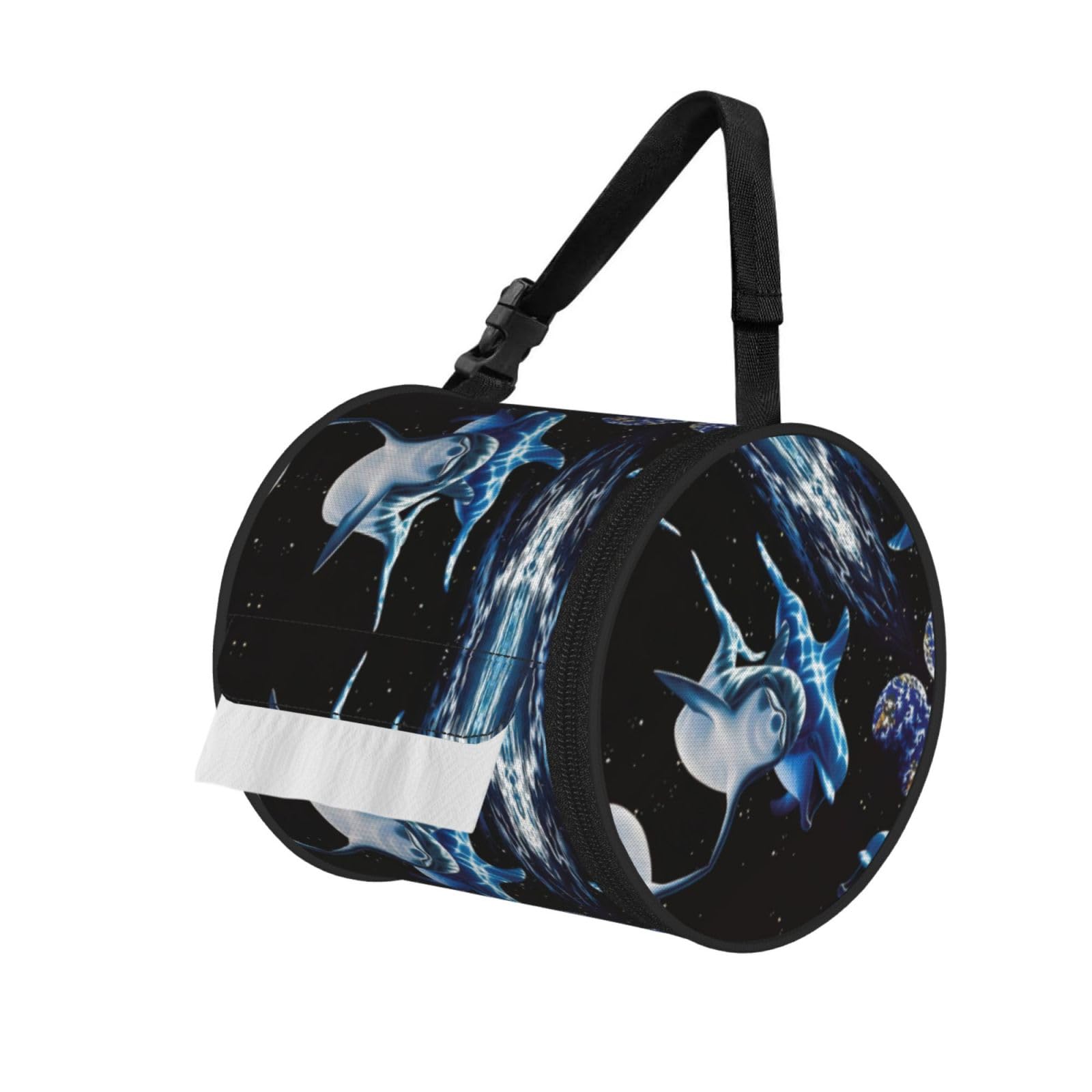 Jiuty Black Dolphin Earth Print Cylinder Tissue Organizer Bag With Strap, Portable Toilet Roll Holder For Camping Car
