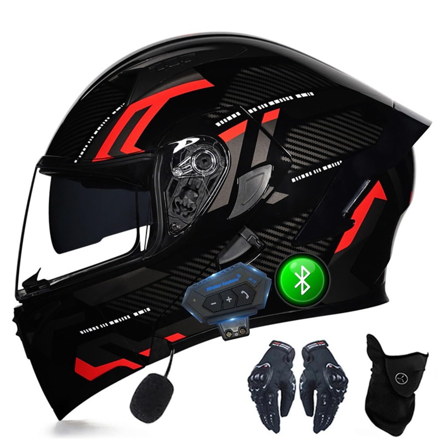 CNNGU Motorcycle Bluetooth Helmet With Gloves And Face Cover, DOT/ECE Approved Flip-up Helmet Modular Helmet, Double Sun Visor Full Helmet, Removable And Washable Lining