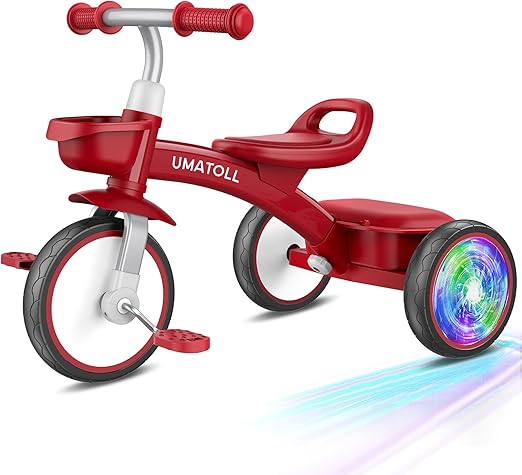 Umatoll Toddler Tricycle for 18 Month to 4 Year Old Boys Girls,Toddler Bike Toys with Adjustable Seat&Light-Up Wheels,Birthday Gift for Age 2-3 (Red)