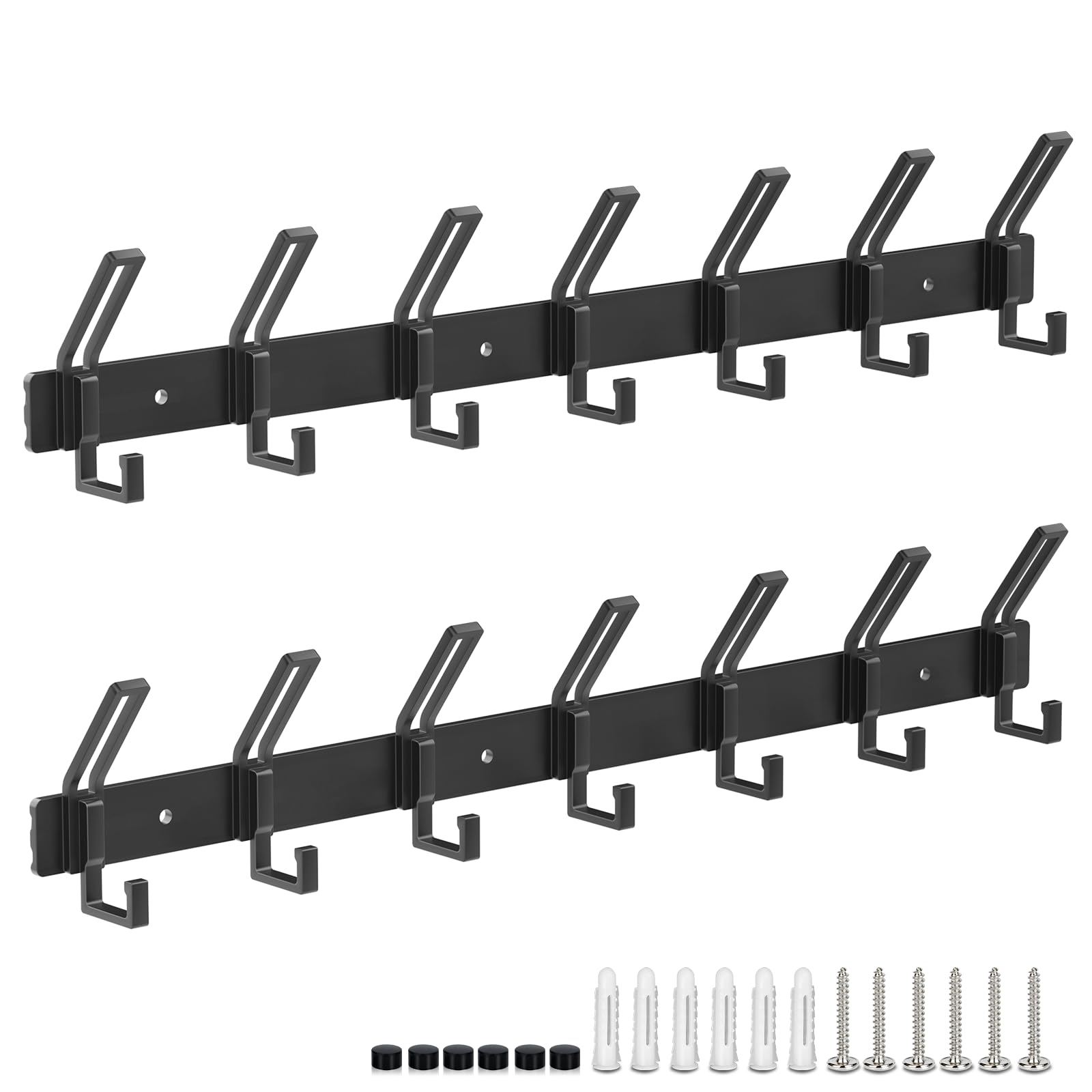 Alyvisun 2 Pieces Heavy Duty Wall Coat Hangers with 7 Hooks, Stainless Steel Coat Racks for Haning Jackets Scarves Bags, Coat Hooks Wall Mounted for Entryway Bathroom Kitchen (Black)