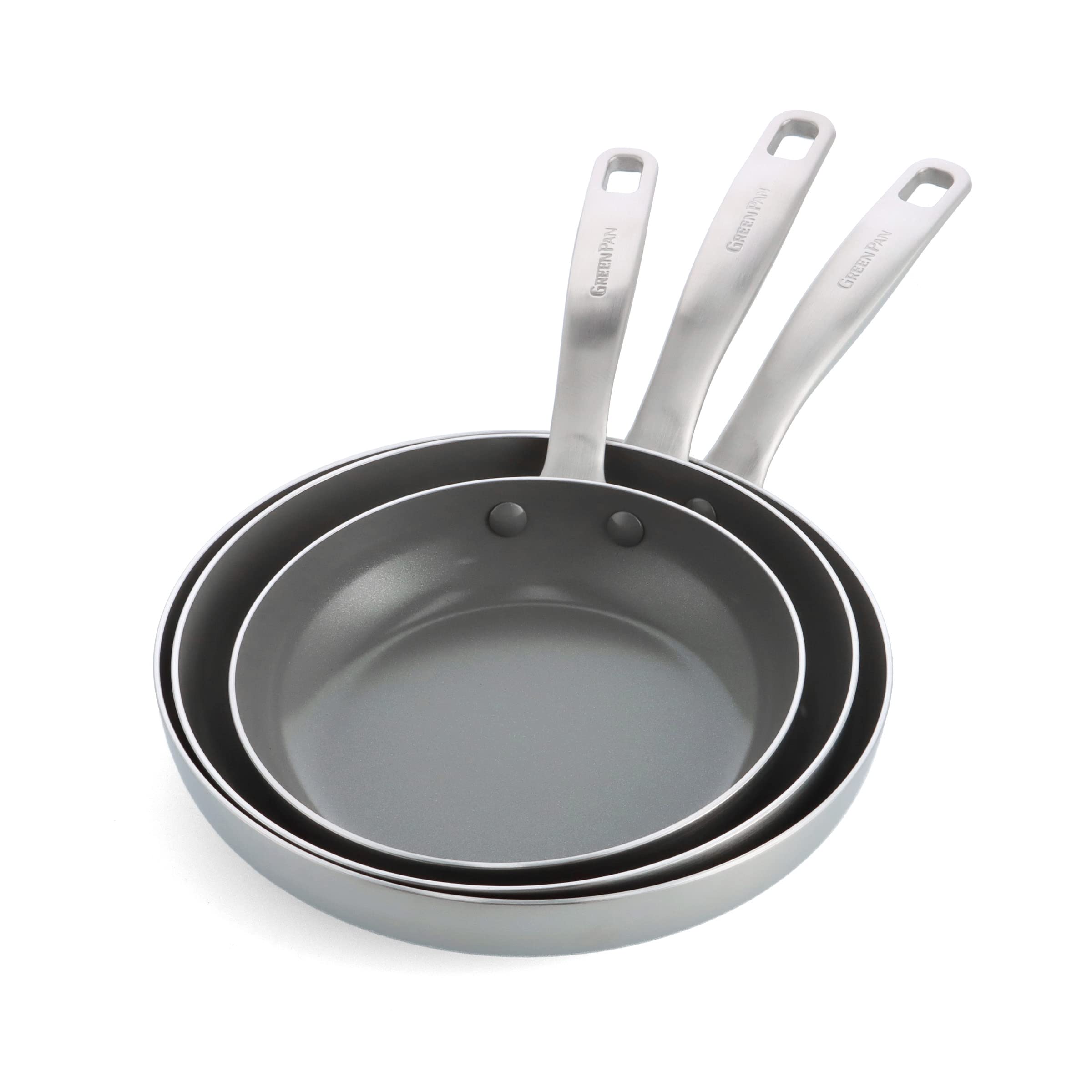 GreenPanChatham Tri-Ply Stainless Steel Healthy Ceramic Nonstick 8" 9.5" and 12" 3 Piece Frying Pan Skillet Set, PFAS-Free, Multi Clad, Induction, Dishwasher Safe, Oven and Broiler Safe, Silver