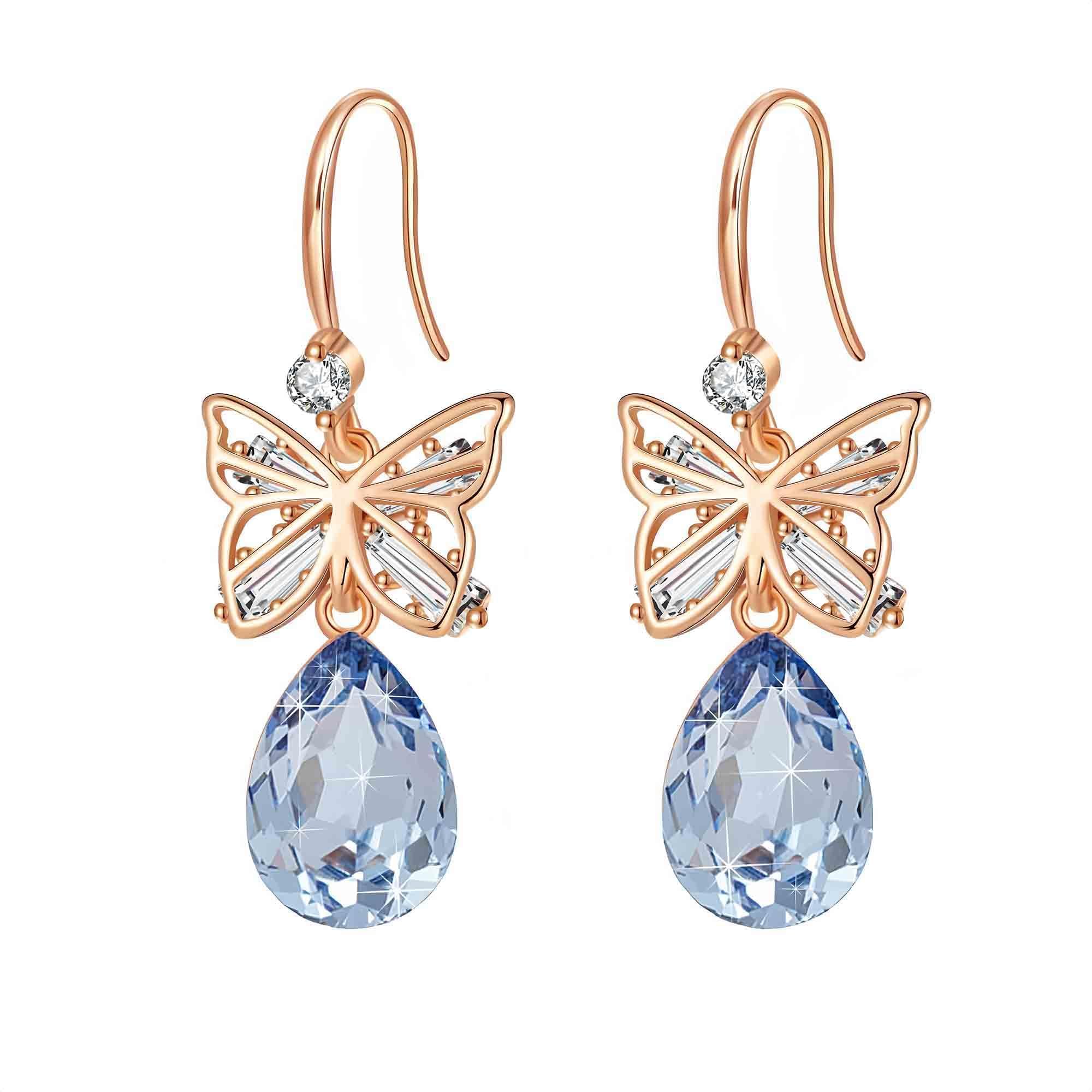 Austrian Crystal Teardrop Butterfly Drop Dangle Earrings for Women 14K Rose Gold Plated Hypoallergenic Jewelry