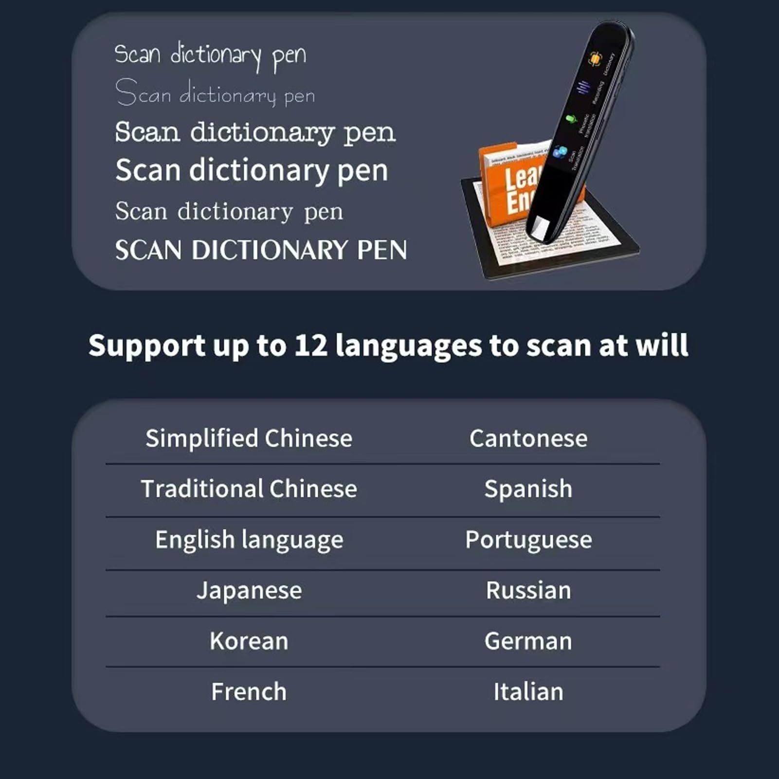 FTVOGUE Bolígrafo de Traducción Portátil Multifuncional, Traductor Digital de Varios Idiomas, Bolígrafo de Diccionario para Libros de Cuentos, Libros de Texto y Periódicos (Blue)