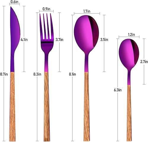 Miniatura 7 de Juego de cubiertos de acero inoxidable para 4, incluye cuchillos, tenedores, cucharas para 4, pulido espejo y apto para lavavajillas (morado)