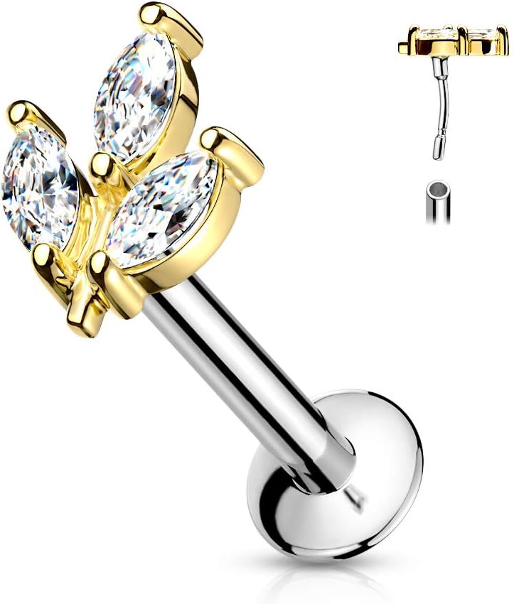 Piercing Labret Monroe Lune Pendentif – Acier 316L Zircons Croissant Lunaire Doré/Argenté