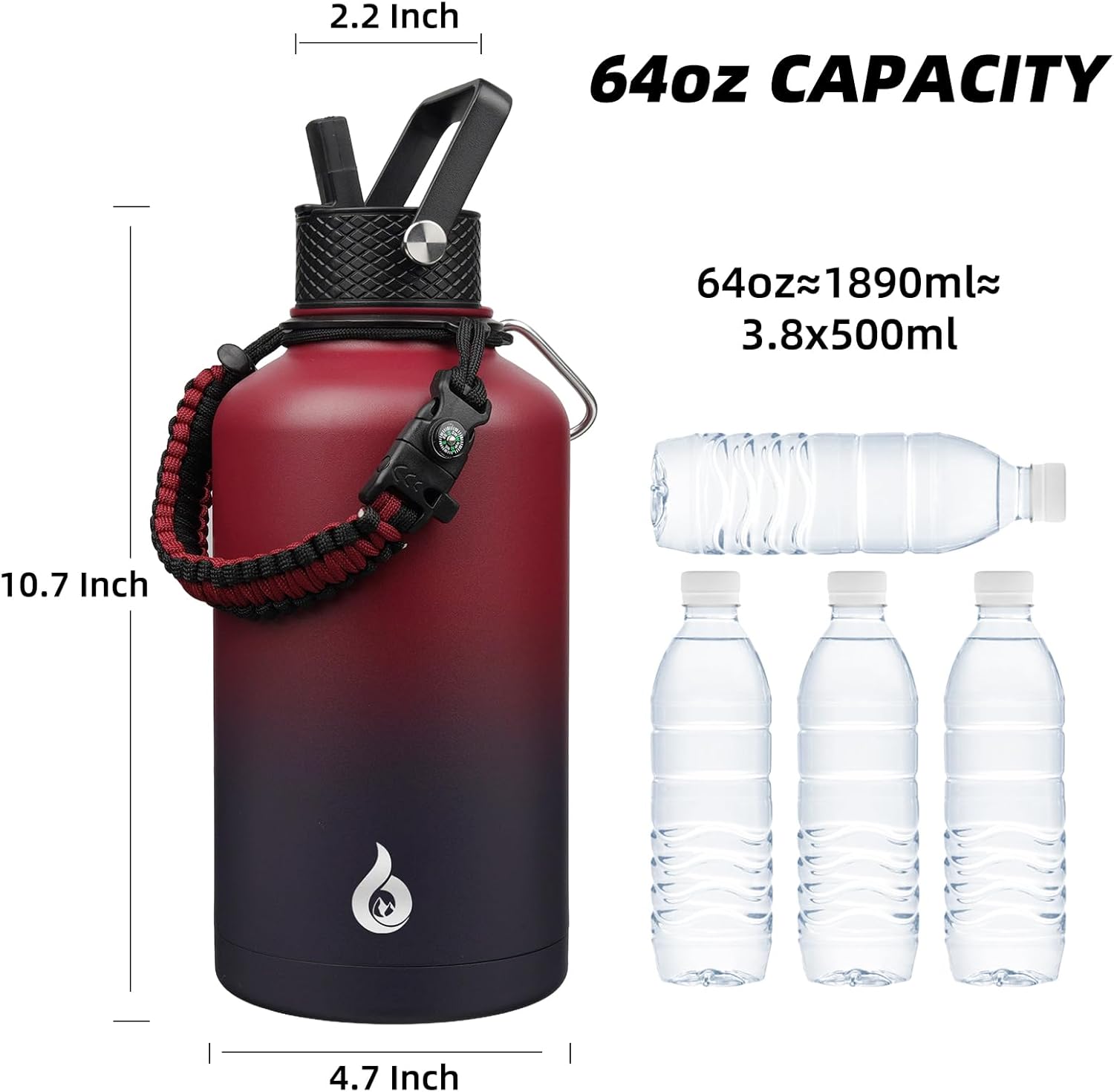 BJPKPK Half Gallon Insulated Water Bottles with 3 Lids and Paracord Strap, 64oz Large, Stainless Steel Water Bottles with Straw Lid, Half Gallon Water Jug,Charming Red - Image 4