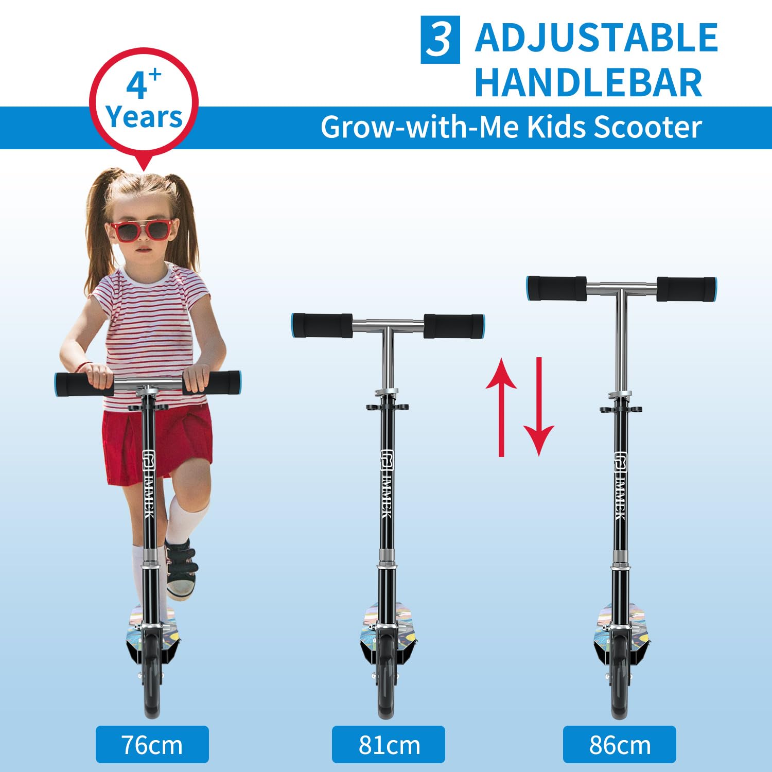 IMMEK Monopattino per Bambini, 2 Ruote Luminose a LED, Pieghevole, Pedale Regolabile in Altezza, per Ragazze e Ragazzi Oltre i 4 Anni, Peso Massimo 80kg