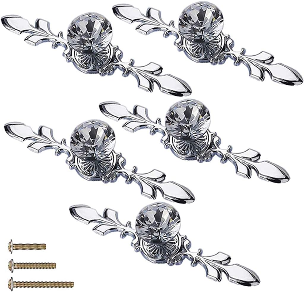 5 Pack Large Sized Enlarged Diamond Clear Crystal Glass Decorative Knobs with Plate,Cabinet Cupboard Door Pulls Handles with Screws for Kitchen Office Decoration (5 Pack, Large, Silver)