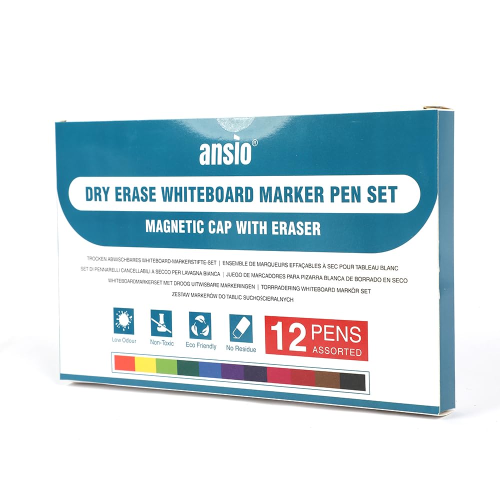 ANSIO Whiteboard Pens Pack of 12 - Assorted Whiteboard Markers with Fine Tip, Eraser, and Magnetic Lids - Dry Wipe Pens for Whiteboard - Image 3