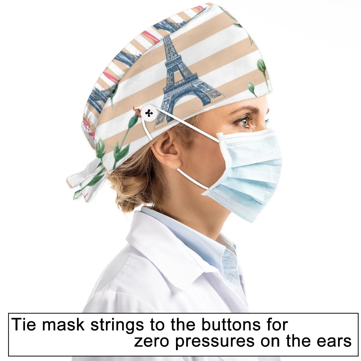 Mularoka Striped Paris Tower Roses Working Caps with Button Sweatband Comfortable Adjustable Bouffant Hats Work Hat for Women Men