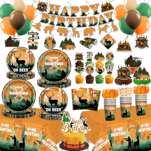 Yingoto 213 Pcs Hunting Birthday Party Decorations Disposable Camo Hunting Party Tableware Serves 25 with Balloon Banner Cake Topper Plates and Napkins for Hunting Birthday Party