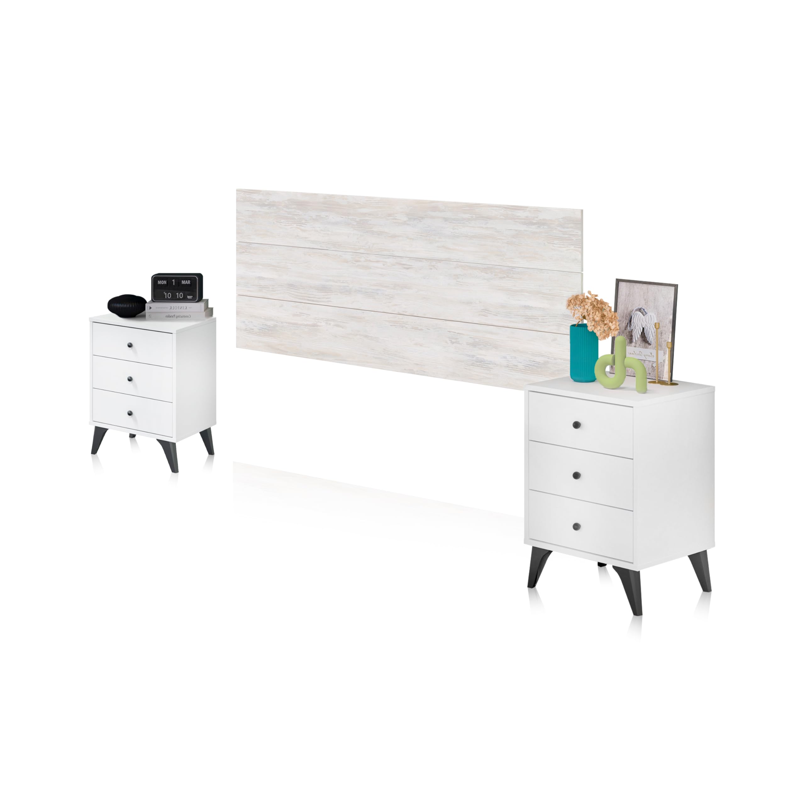 duehome | Pack Cabecero y 2 Mesitas de Noche, Dormitorio Doble, Dormitorio Completo, Modelo Iconic, Acabado en Blanco Velho y Negro