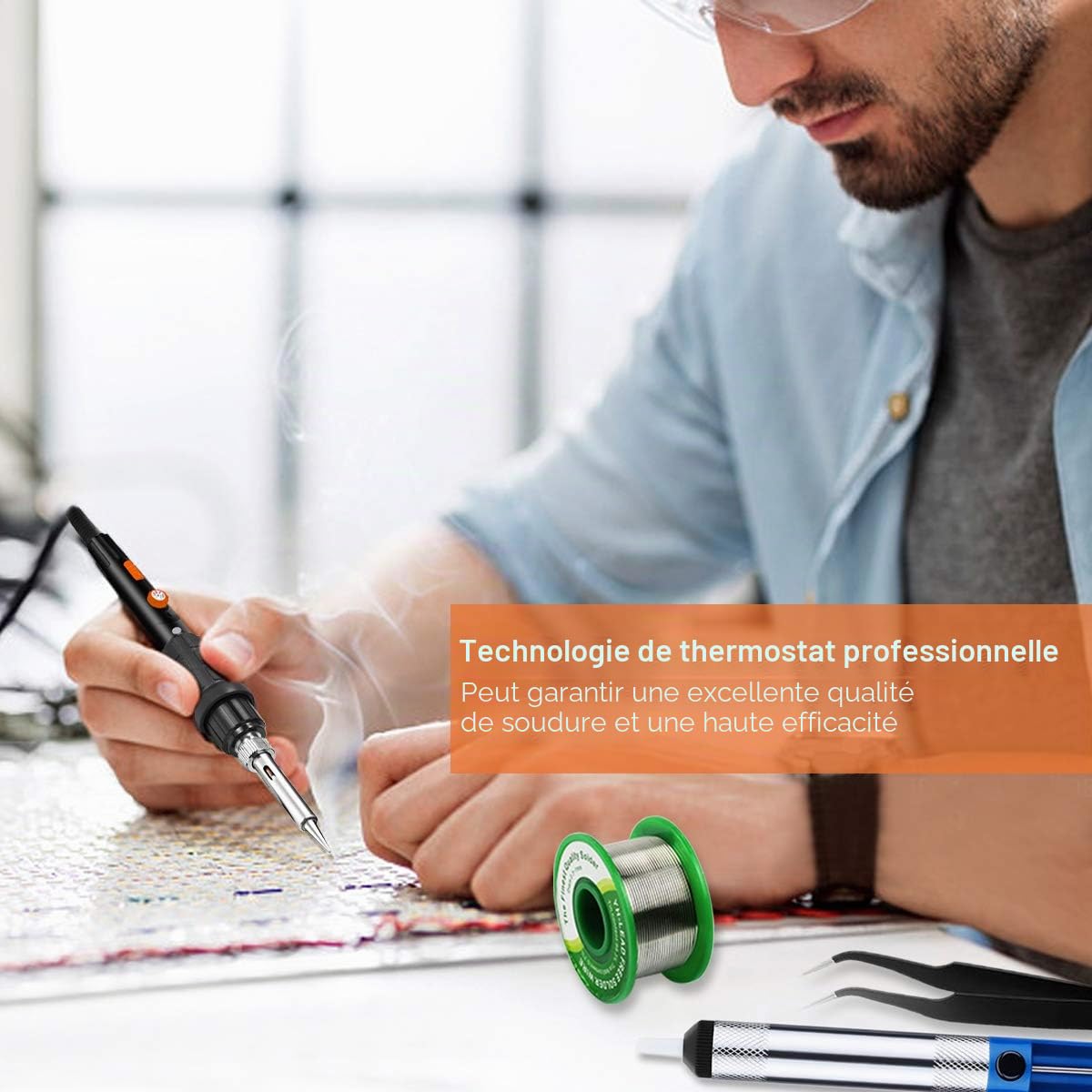 Preciva 11 in 1 Fer à Souder Set, 60W Température Réglable 220~480℃, 5 Pannes à Souderage, 1 Pince, Barre de Soudure avec ON/OFF pour la Maintenance Electrique (Noir)