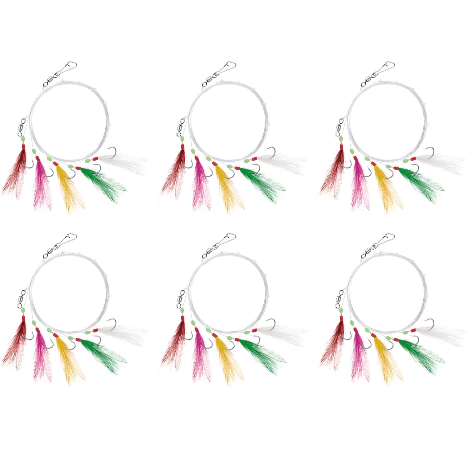Lot de 6 Appâts Pré-assemblés pour Maquereau, 30 Hameçons Imitation Insecte, 5 Couleurs Fluorescentes