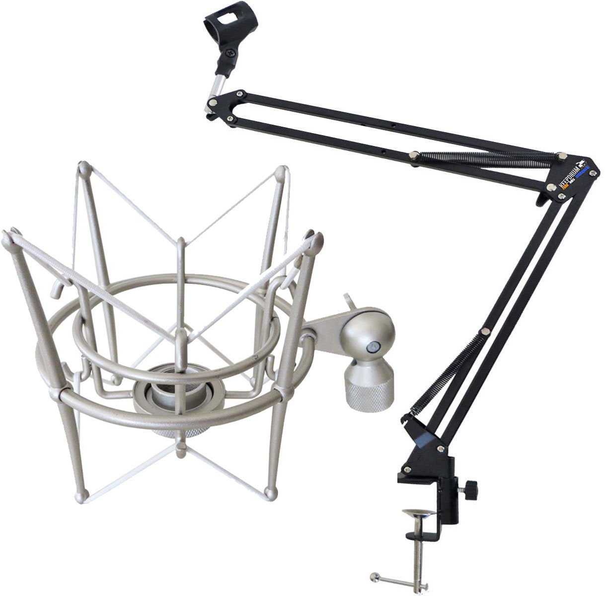 keepdrum NB35 Mikrofonstativ Tisch-Mikrofonarm Schwenkarm + MS089SV Mikrofon-Spinne Silber für G-Track
