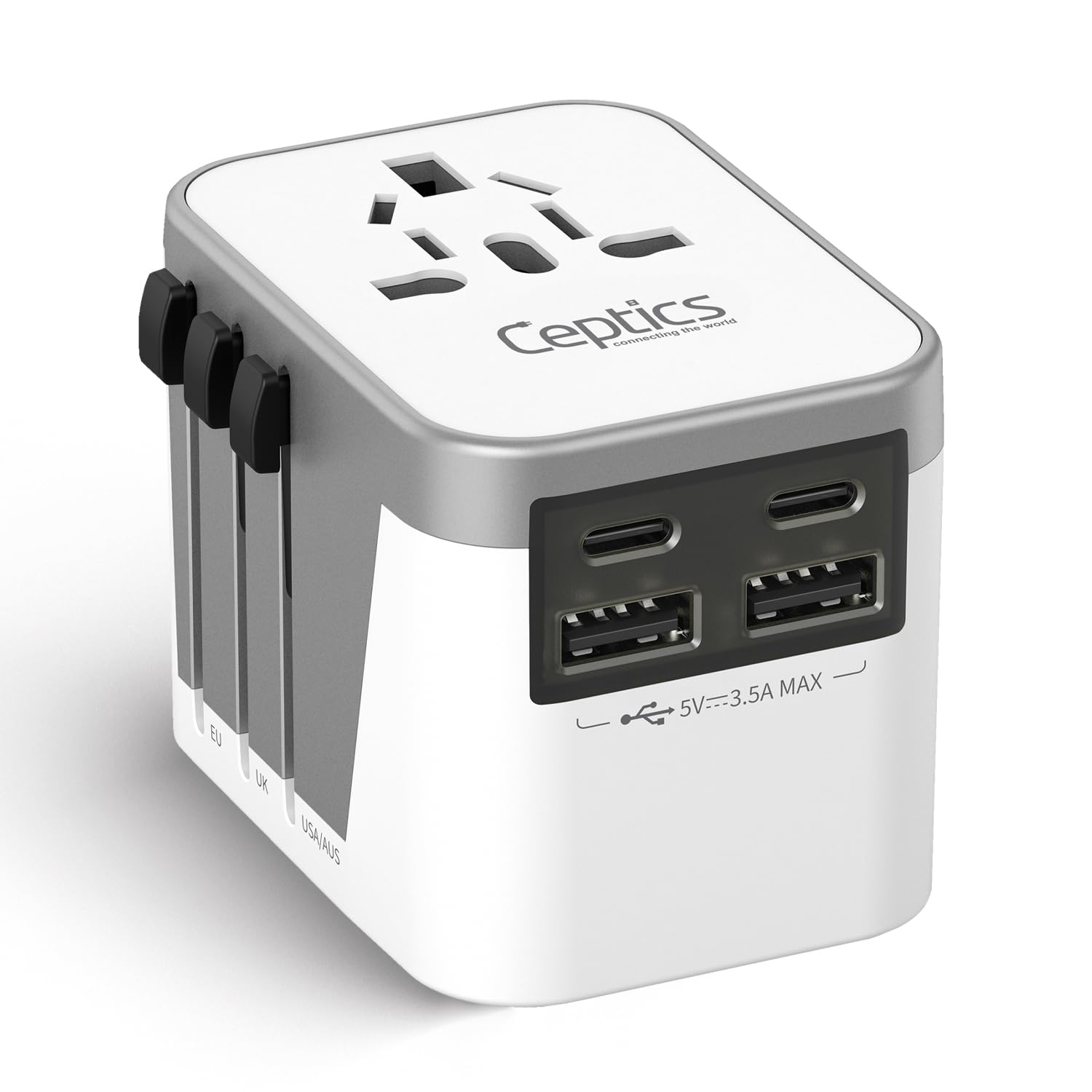 Universal Travel Adapter Plug with Dual USB-A and C Ports – Worldwide Power Adapter for Europe, UK, China, UAE, Australia – Charge Phones, Smartwatches & Tablets – Type A, C, G, I