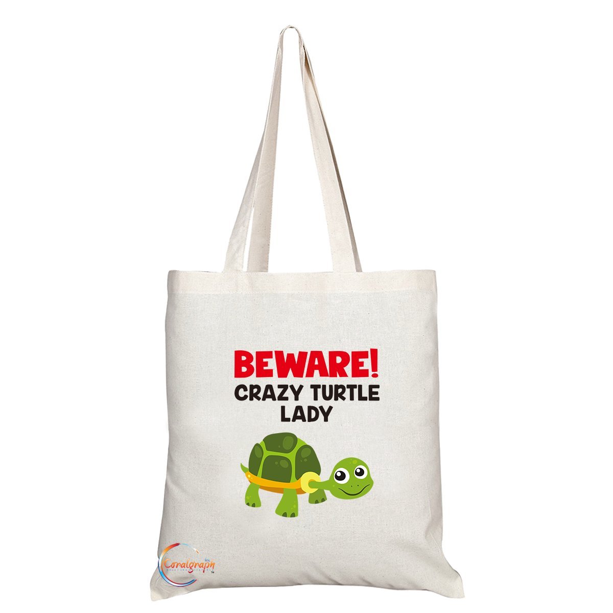 Coralgraph Inc TB206 Beware! Crazy Turtle Lady Novelty Present Gift Printed Eco-Friendly Stylish Long Handled Tote Shoulder Bag