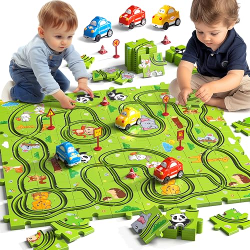 Circuit de course DIY JUKUDAHU avec 3 voitures toboggan thème animalier pour enfants