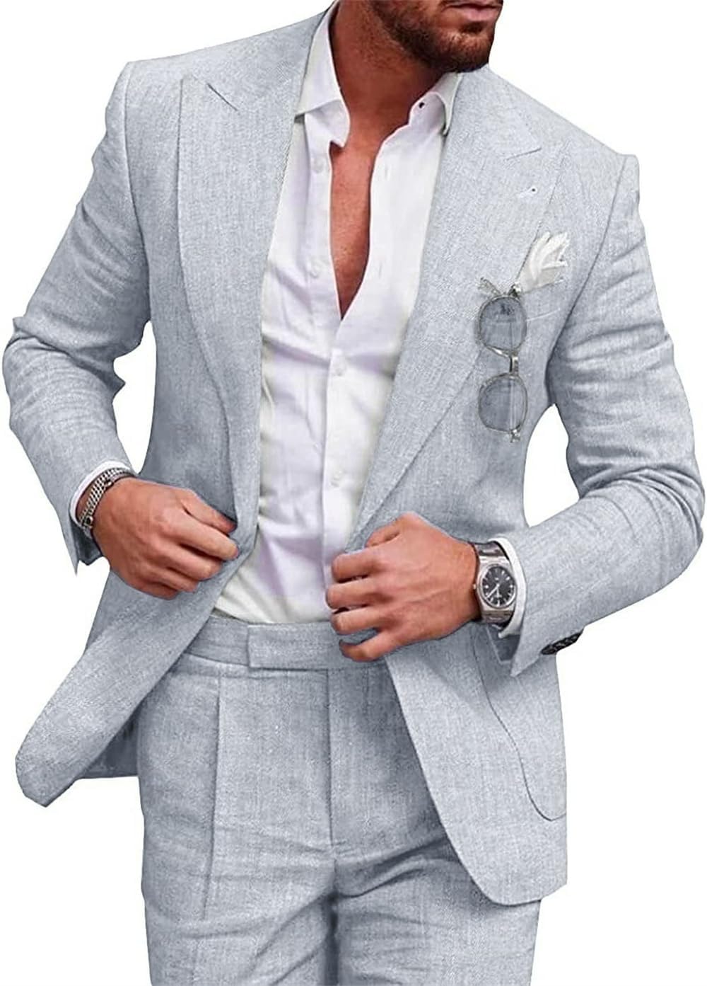 Herenpakken, slim fit, linnen, 2-delige smokingpak, set met enkele rij knopen, bruiloft, diner, feest, gala, outfits, jas en broek, Groen, M