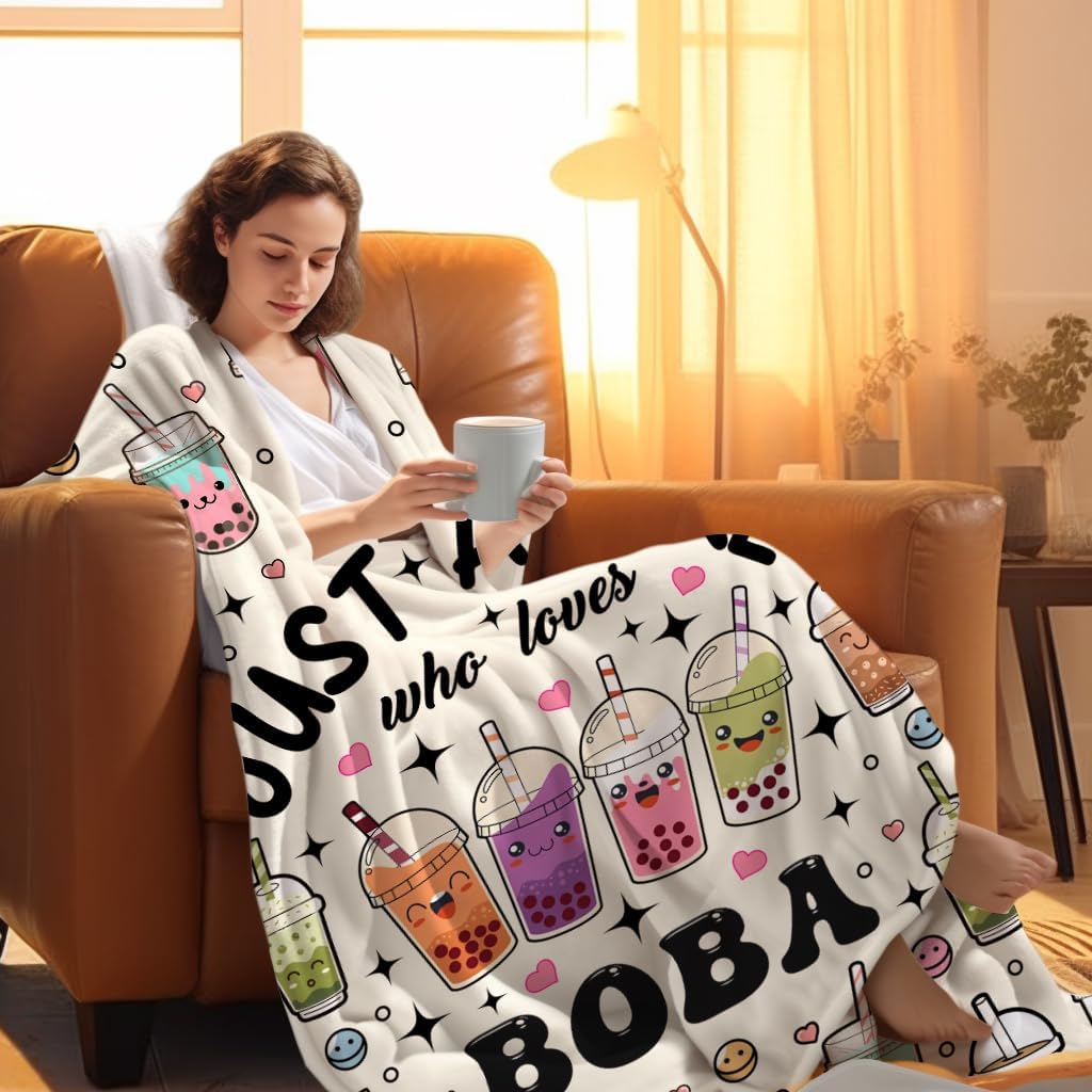 Boba Blanket Bubble Tea Gifts for Girls Teen,Funny Plush Stuff Just A Girl Who Loves Boba Drinks Throw Blankets,Bubble Tea Gifts for Kids Women 60"x50"