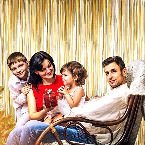 Image of 4 Pack Champagne Gold Foil Fringe Curtain Backdrop, 3.28Ft x 8.2Ft Metallic Tinsel Streamer Curtains for Party, Photo Booth Props, Birthday, Graduation Decoration Party Supplies