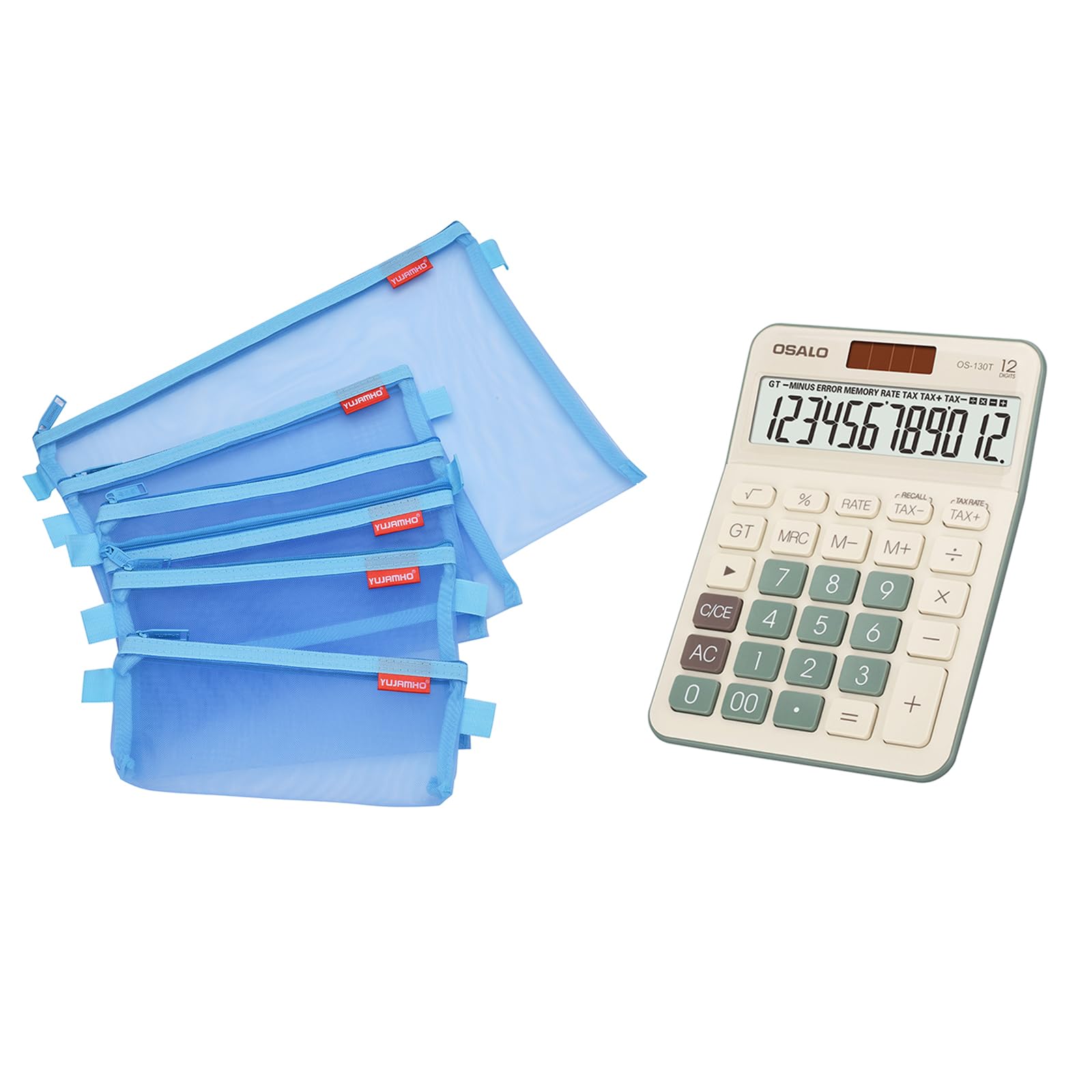 Pocket Small Size Desk Calculator and Mesh Zipper Pouch Bundle