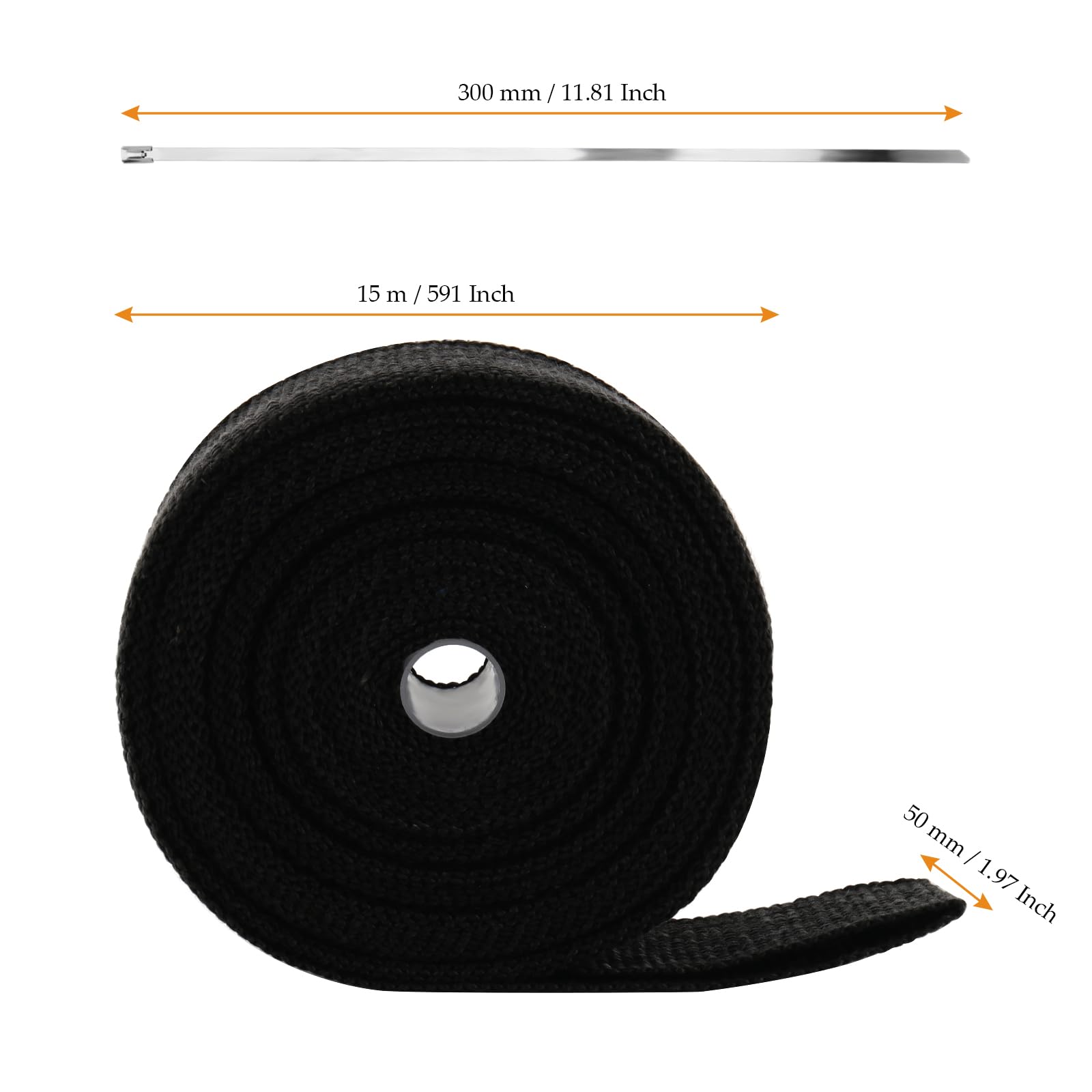 Benda Termica per Scarico Marmitta, Nastro Termico Isolante in Fibra di Vetro, 15 m x 50 mm, Nero, 10 Fascette in Acciaio Inox, per Auto e Moto