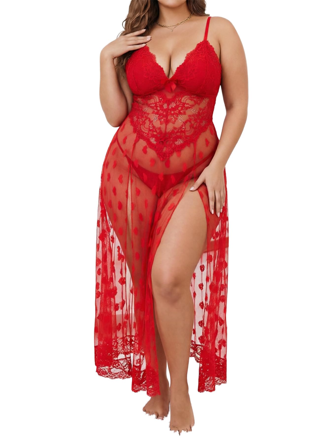 Alrovetoney Plus Size Lingerie For Women Babydoll Sexy Mesh Maxi Nightdress Exotic Sleepwear Side Slits