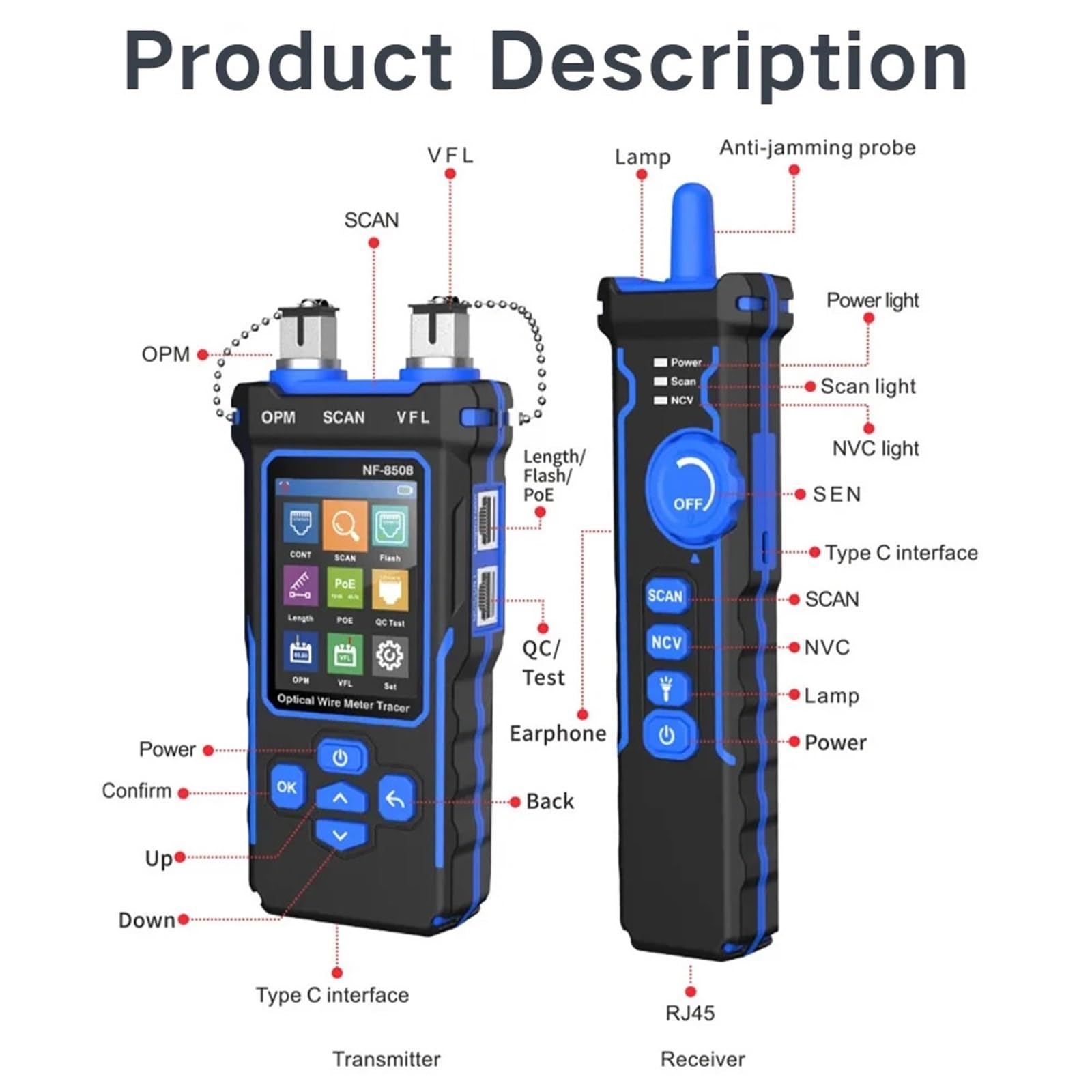 Tester per fibra ottica, Tester for cavi di rete CAT5 CAT6 POE Network Line Finder OPM VFL 10mw