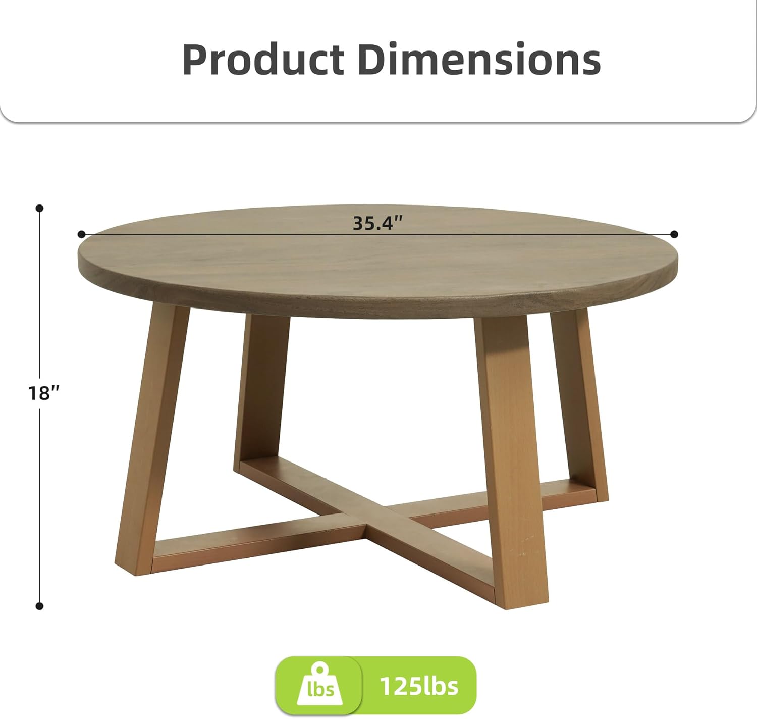 Indoor Round Coffee Table with 35.5” Woodgrain Finish Table Top, Outdoor Metal Modern Side Table 125lbs for Backyard Porch Balcony Living Room, Brown