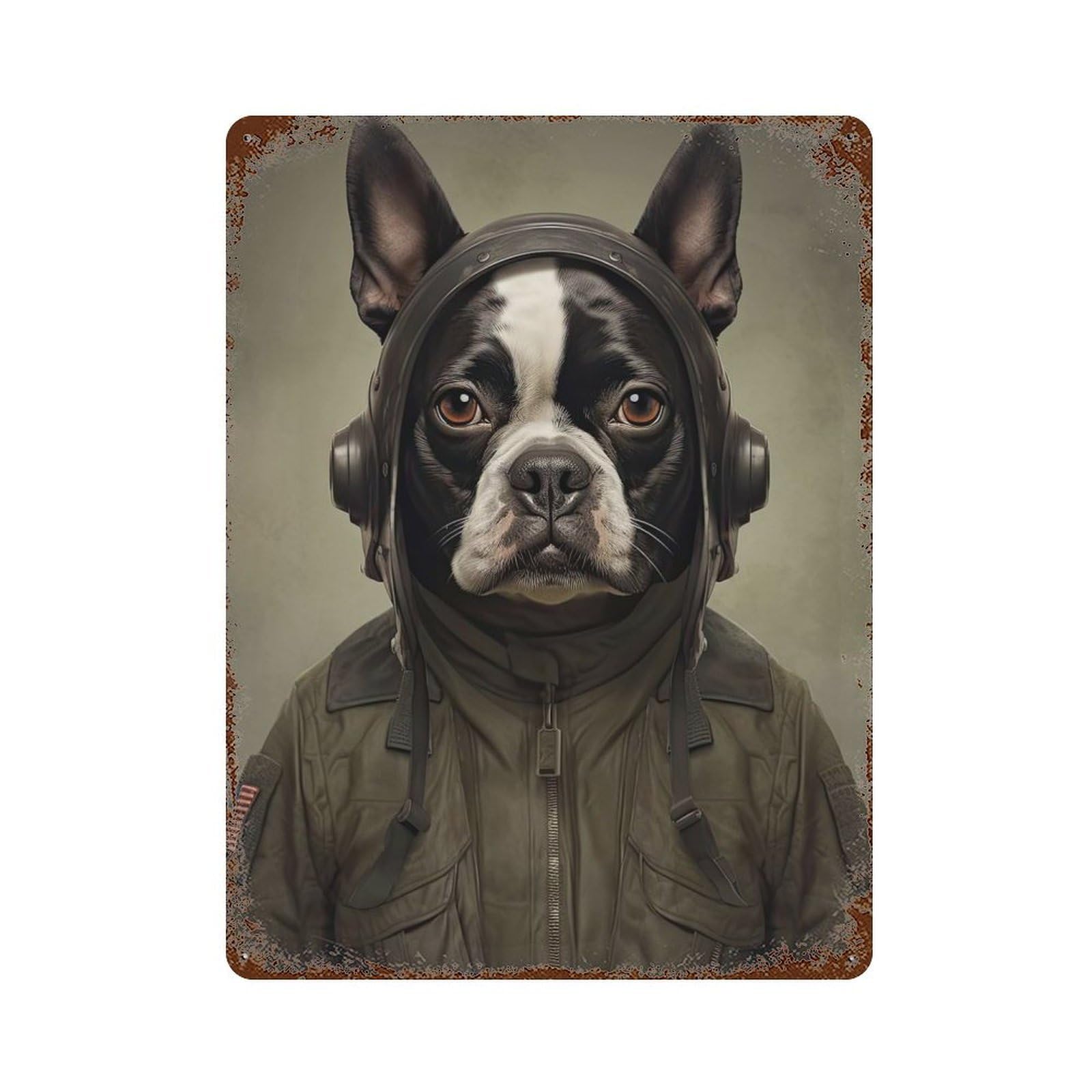 Rust Effect Boston Terrier Soldier Rusty Metal Tin Sign 15.7"x11.8", Rustic Home Decor for Bistro, Counter And Cafe Decor