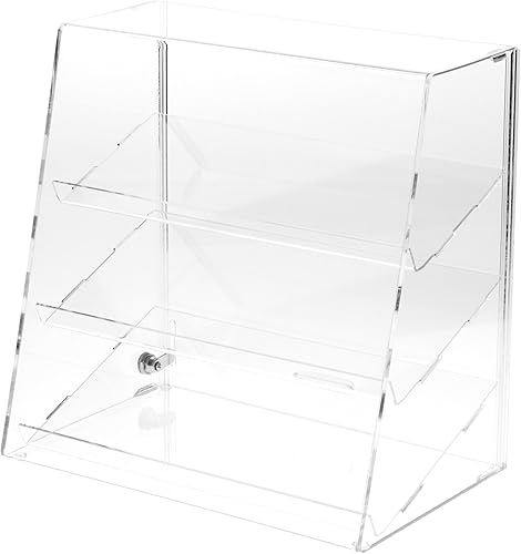 Plymor Vitrina de acrílico transparente con bloqueo frontal inclinado y parte trasera deslizante, 3 estantes en ángulo, 16 pulgadas de alto x 16