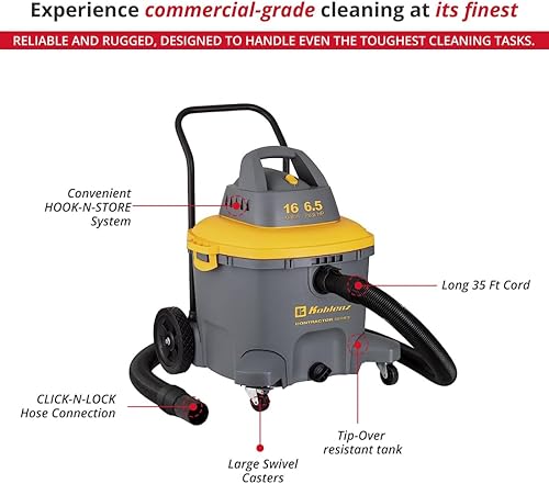 Miniatura 16 de Koblenz Aspiradora en seco y húmedo para contratistas, aspiradora para lugares de trabajo, 9.0 galones/5.5 HP potente aspiradora para suciedad seca