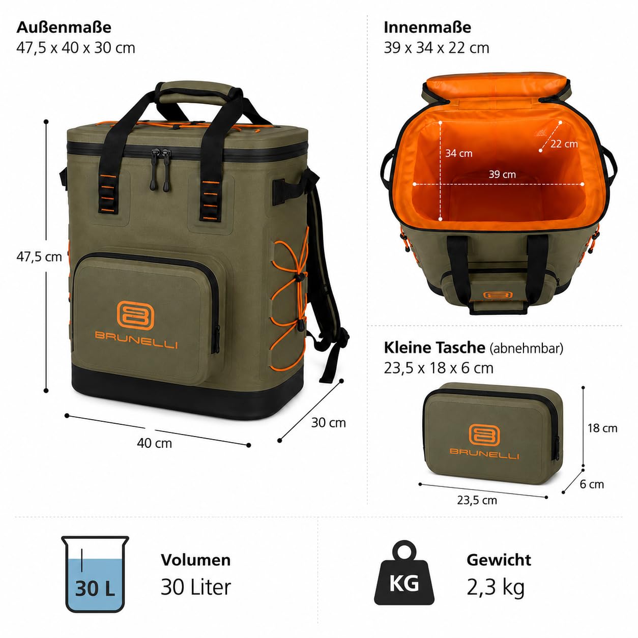 BRUNELLI 25 l torba chłodząca, plecak, wodoszczelna, torba piknikowa, na kemping, torba izolacyjna, oliwkowa
