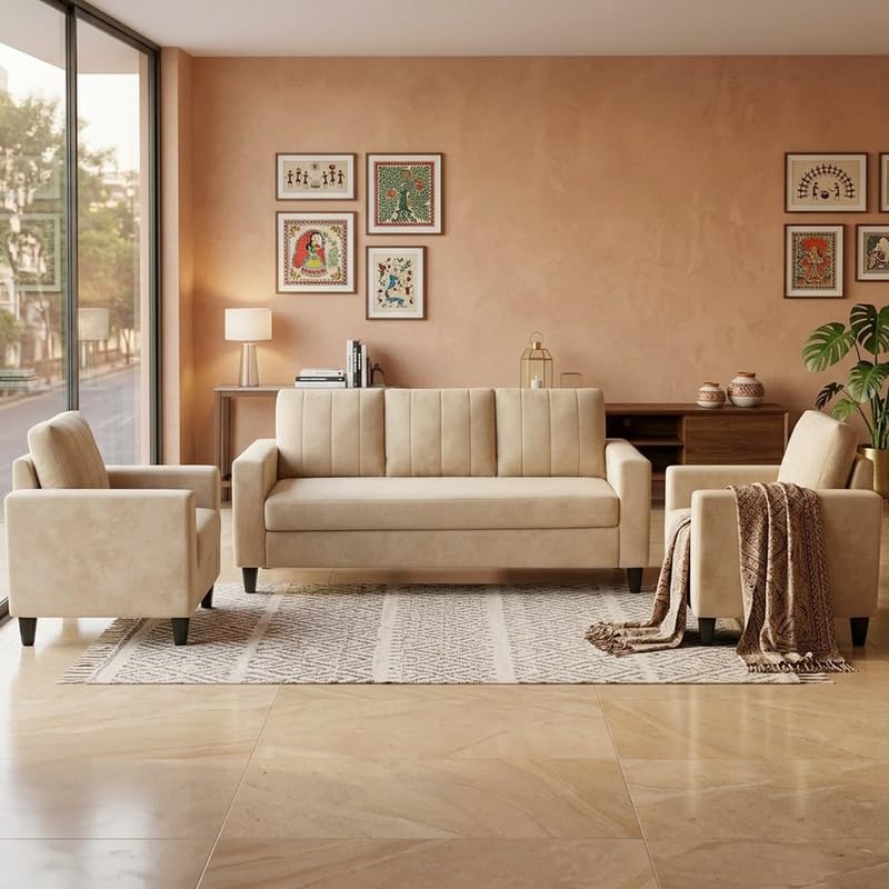 Image of Hendrick Plush Velvet 3 Seater + 1 Seater + 1 Seater Sofa Set | Silken Velvet Upholstery | Golden Legs | Designer Set for Living Room & Office Spaces (Cream)