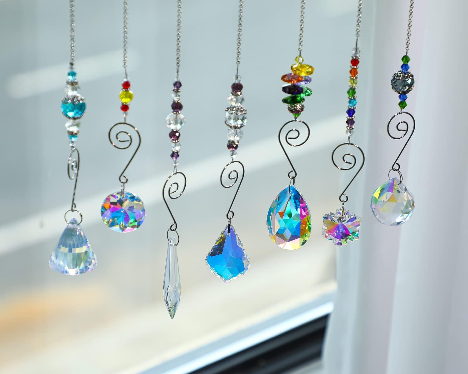 7PCS Crystal SunCatchers Hanging Sun Catcher with Colorful Beads Prism Chain Pendant Christmas Ornament, Window Home Wall Tree Cars Hanging Decoration - Image 3