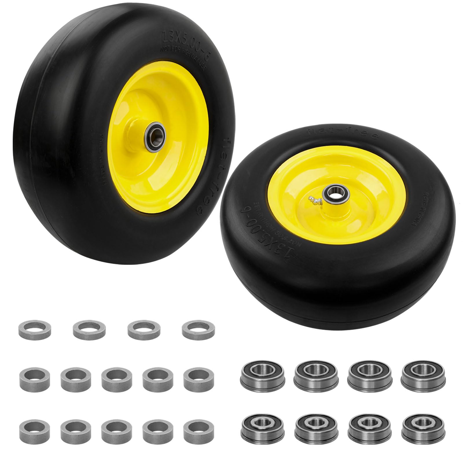 hqpasfy 13x5.00-6 flat-free lawn mower tire & wheel set of 2, zero-turn mower front tires with 1/2" & 5/8" bearings, solid smooth puncture-proof replacement for lawn mowers & zero-turn mowers, yellow