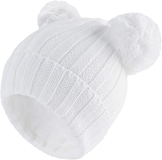 LANGZHEN Winter Warm Knitted Baby Hats for Girls Pom Pom Kid Toddler Boys Beanies Cap with Fleece Lining (White,50-52CM)