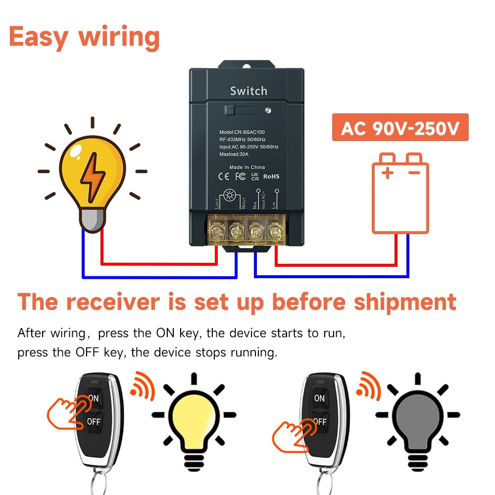 AC 220V 230V 100m 30A Interruptor de iluminación exterior de alta potencia con control remoto inalámbrico, relé inalámbrico para iluminación de bomba de agua (AC100-240V 100m 4V1 Negro)