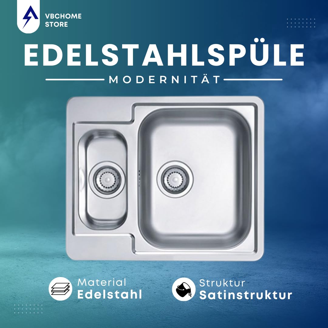 VBChome Edelstahlspüle 62x50 cm Satinstruktur Einbauspüle Küchenspüle Spülbecken Camping 1,5 Becken Ablaufgarnitur Ohne Hahnloch
