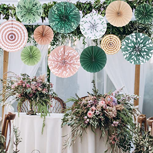 Image of Thenshop 12 Pcs Sage Green Hanging Paper Fans Boho Hanging Ceiling Decoration Vintage Floral Round Paper Fans Garden Themed Party Decor for Tea Party Wedding Garden Bridal Birthday Indoor Outdoor