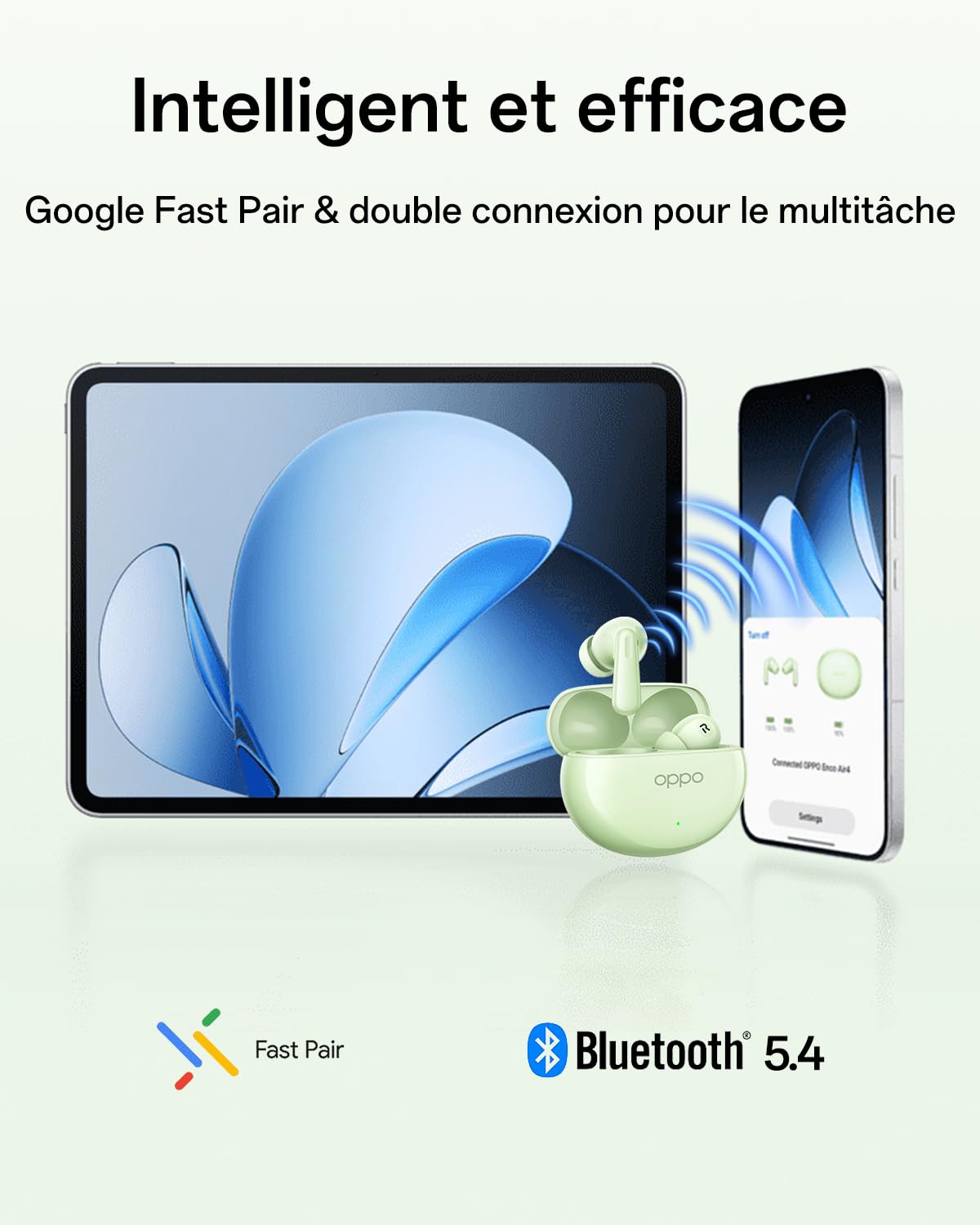 OPPO Enco Air4 Écouteurs sans Fil véritables, Casque stéréo Intra-Auriculaires Bluetooth 5.4, 44h d'écoute, Réduction de Bruit Active de 32dB, Double Micro, Basses Profondes, IP55, Fresh Mint