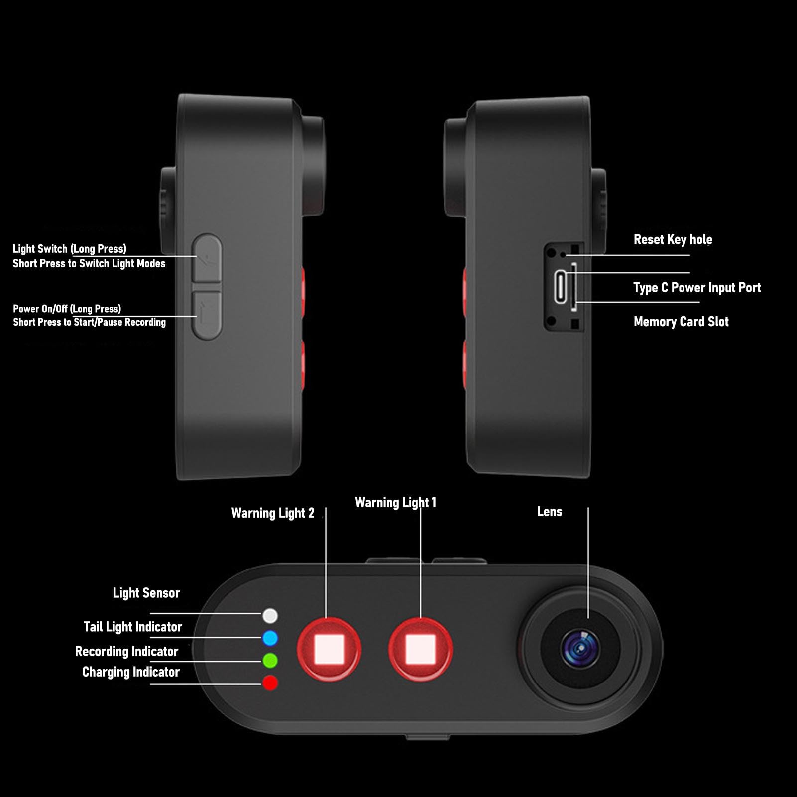 Camera da Ciclismo 1080p con Luce di Coda, Telecamera Posteriore in Bicicletta 1080p, Angolo di 140 ° Largo, IPX6, Registrazione del Loop, Supporto per App, per Montagna, Bici (64G)